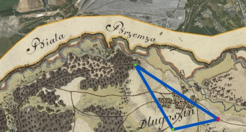 Szczakowska Górka (zaznaczona na czerwono) oraz lokalizacja wież triangulacyjnych (na zielono)  – (źródło mapire.eu) – mapa z początku XIX wieku