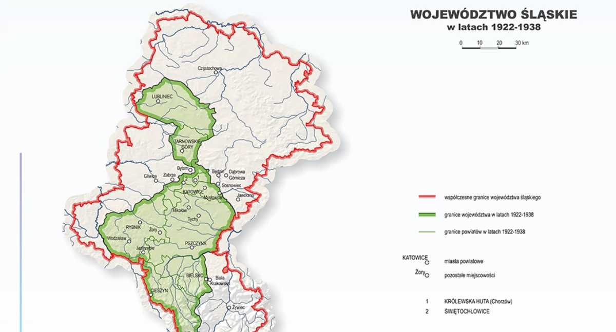 Międzywojenne województwo śląskie na tle współczesnego (wikipedia)