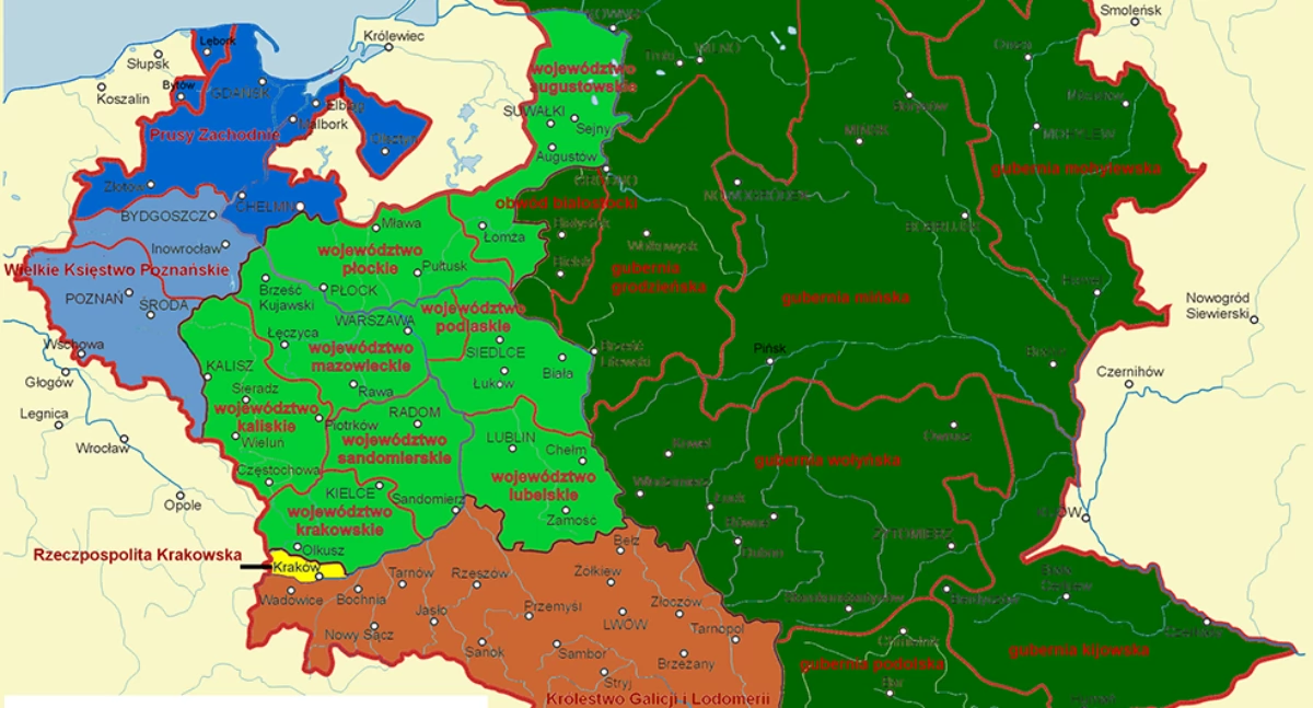 Ziemie polskie podczas zaborów (1821). Zabór austriacki to Galicja, natomiast kolorem żółtym zaznaczono Rzeczpospolitą Krakowską- wraz z Jaworznam (wikipedia)