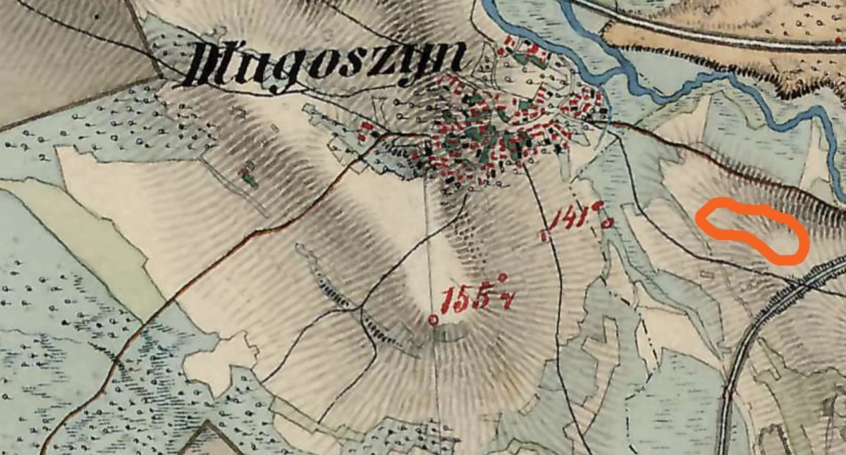 Długoszyn w poł. XIX wieku, na pomarańczowo zaznaczono rejon tytułowej górki (mapire.eu)