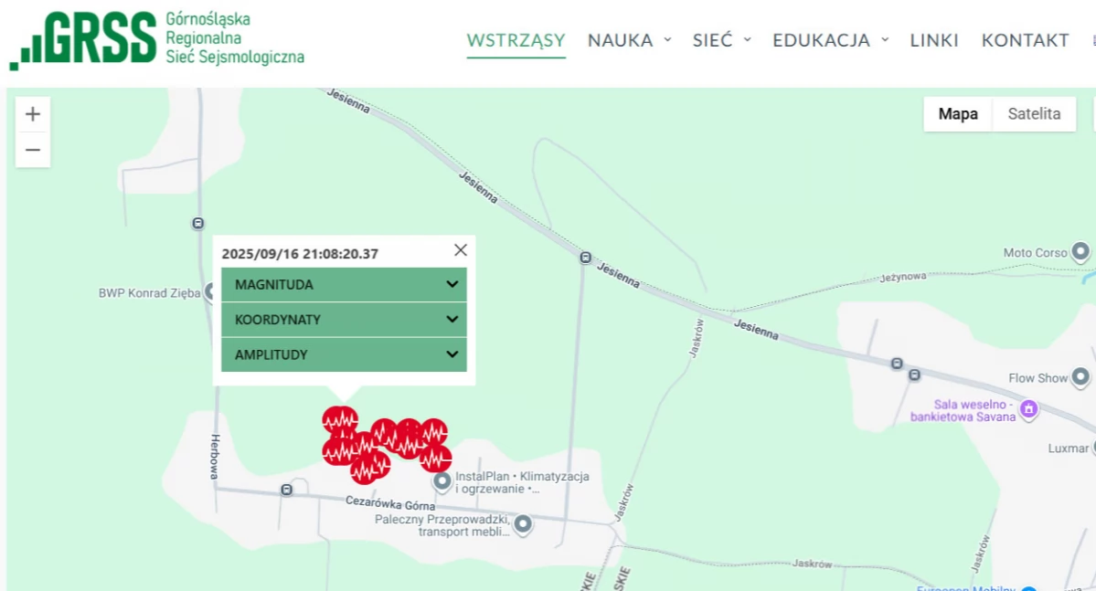 Mapa wstrząsów rejestrowana przez Górnośląską Regionalną Sieć Sejsmograficzną. https://grss.gig.eu/mapa-wstrzasow/