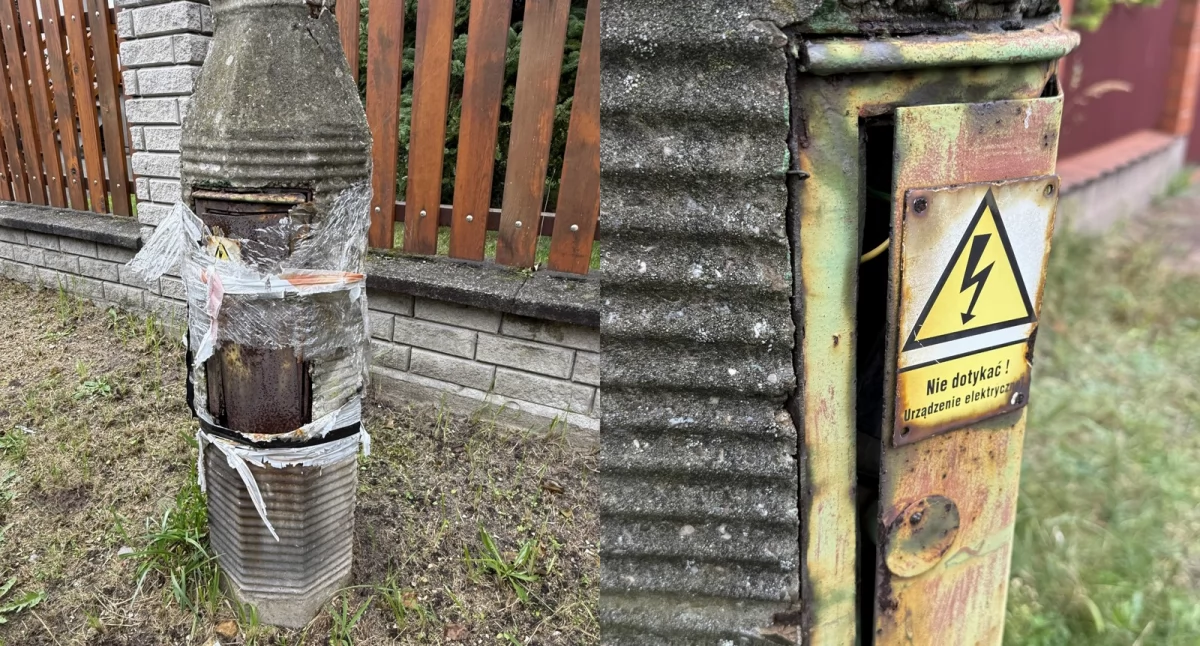 Interwencja, Niebezpieczna infrastruktura Prostej Stare zniszczone słupy elektryczne otwartymi skrzynkami - zdjęcie, fotografia