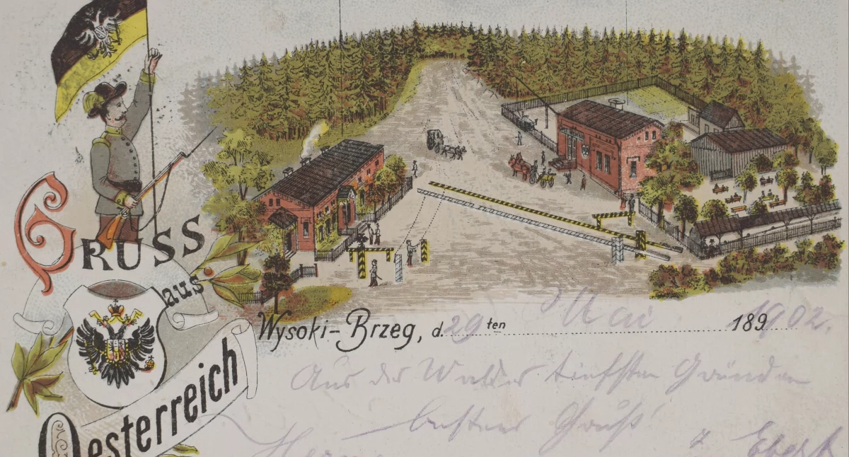 Po prawej winiarnia Stefana Kurtza. Przy murowanym budynku widoczny ogród restauracyjny. Po lewej austriacki urząd celny, na środku szlabany przejścia granicznego Jaworzno Wysoki Brzeg – Mysłowice Brzezinka, ok. 1899 r.