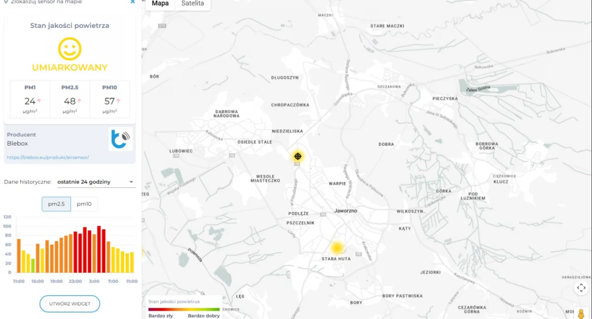 Jaka jest jakość powietrza w Jaworznie? W jednej z aplikacji widoczne są dwa czujniki, które mają zbierać informacje o zanieczyszczeniu powietrza w mieście. Zrzut ekranu wykonany 5 grudnia 2025 roku