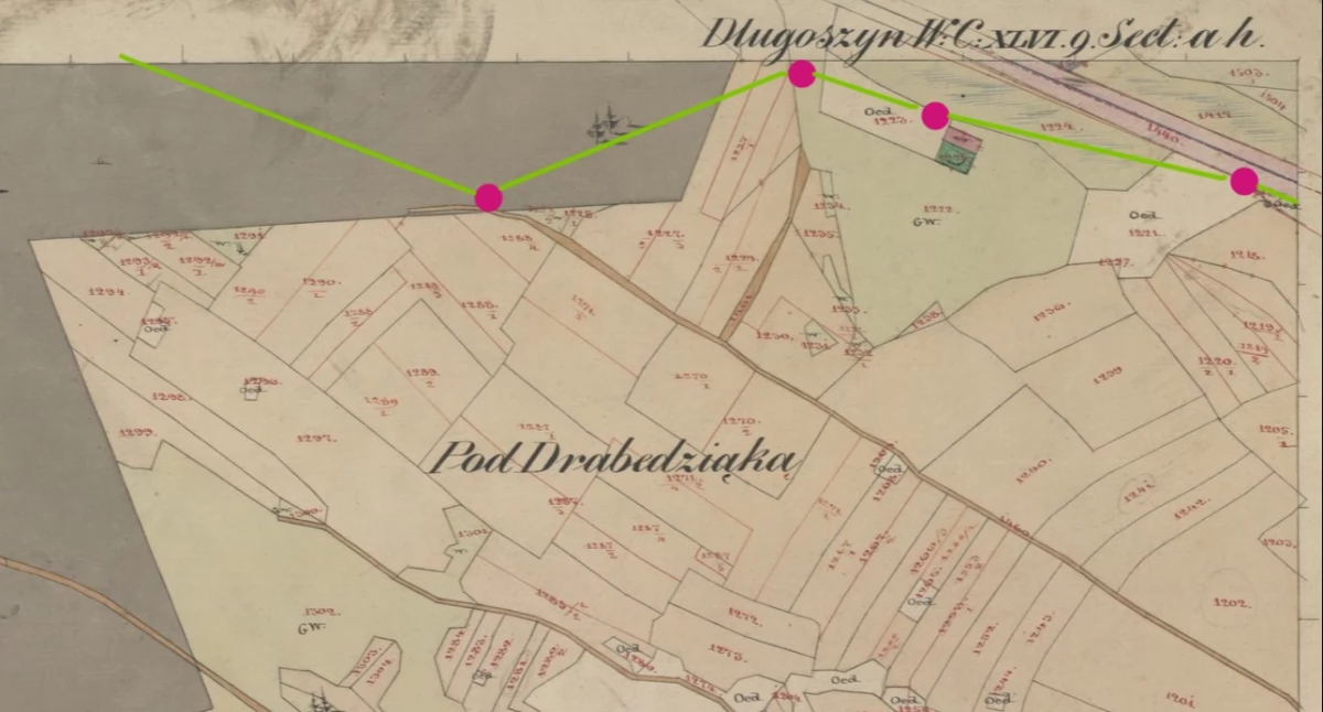 Na różowo zaznaczono kopce graniczne we wsi Długoszyn na mapie Katastru Galicyjskiego – połowa XIX wieku