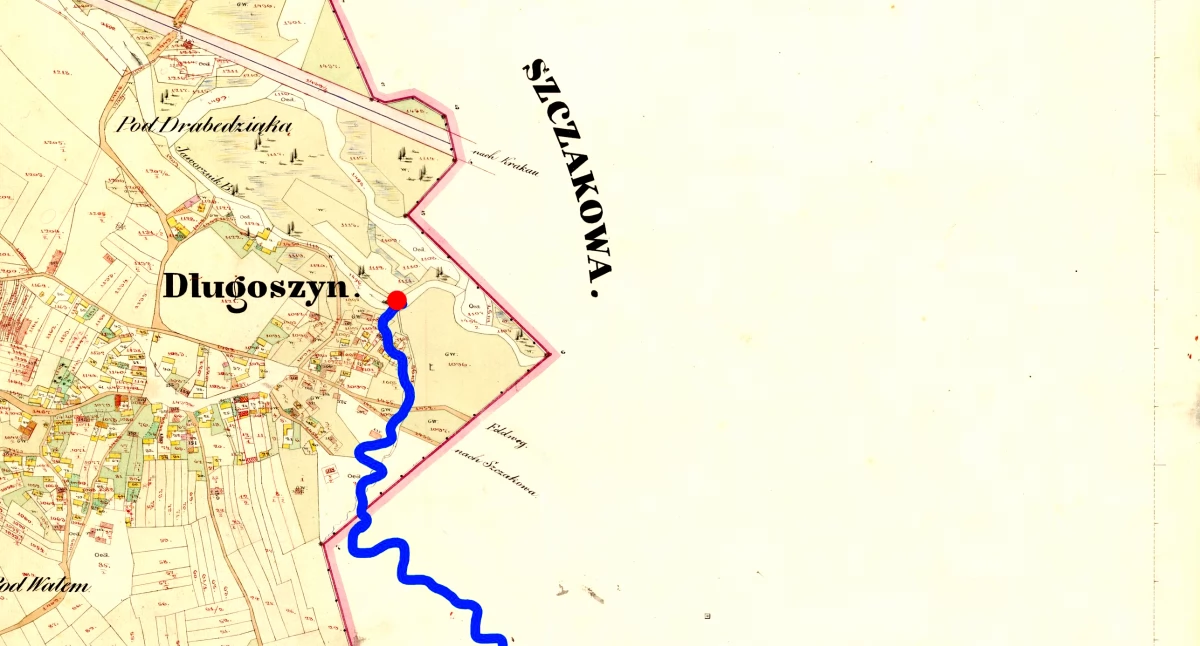 Przebieg Strugi (Białej) z zaznaczonym na czerwono ujściem do Koziego Brodu (Kataster Galicyjski)
