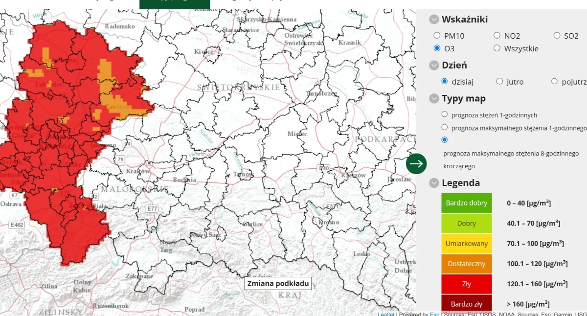 Mapa prognozowanego maksymalnego stężenia ozonu w ciągu 8 godzin. Materiał ilustracyjny: Główny Inspektorat Ochrony Środowiska