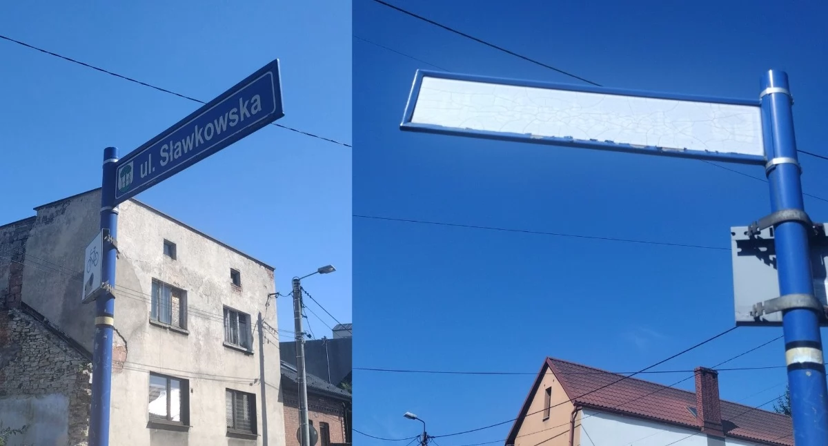 Słupek z tablicą wskazującą ulicę Sławkowską. Z jednej strony napis jest widoczny, ale z drugiej już wyblakł. Fot. Patrycja Koprzak