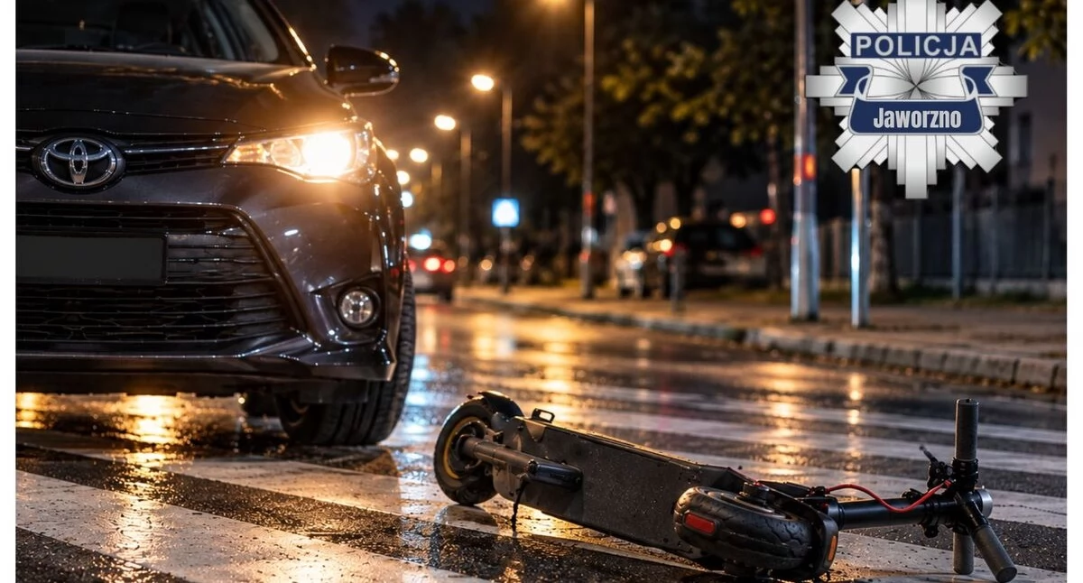 Komunikaty Policja, latek jechał hulajnogą uprawnień Zderzył autem - zdjęcie, fotografia