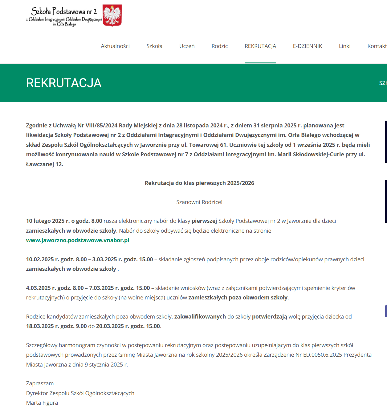 Ogłoszenie o rekrutacji na stronie SP2 w Jaworznie. 
