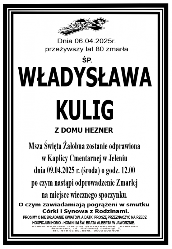 WŁADYSŁAWA KULIG Z DOMU HEZNER