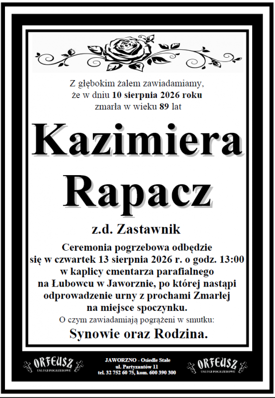 KAZIMIERA  RAPACZ Z DOMU ZASTAWNIK