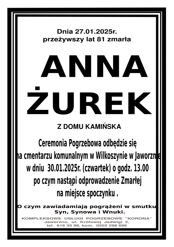 ANNA ŻUREK Z DOMU KAMIŃSKA
