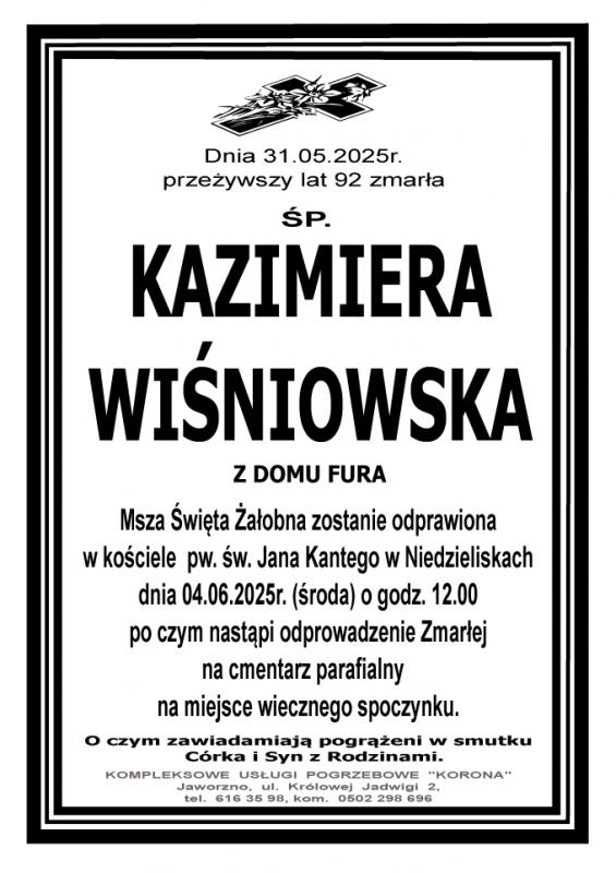 KAZIMIERA WIŚNIOWSKA Z DOMU FURA