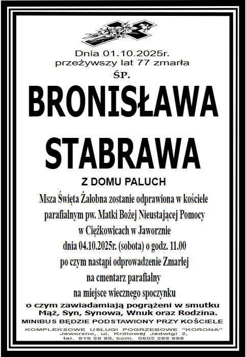BRONISŁAWA STABRAWA Z DOMU PALUCH