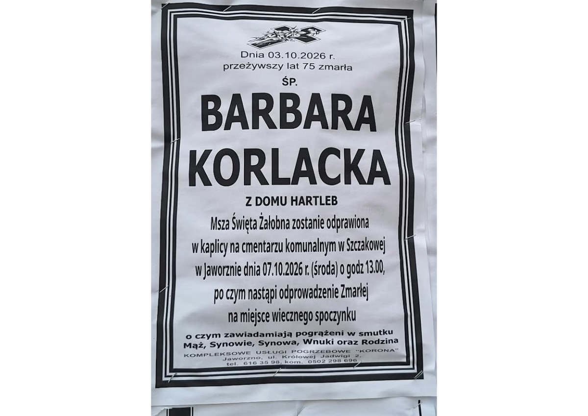 Nekrolog: śp. Barbara Korlacka z domu Harleb, zm. 3 października 2026 r.