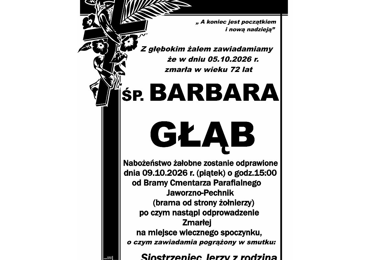 Nekrolog: śp. Barbara Głąb, zm. 5 października 2026 r.