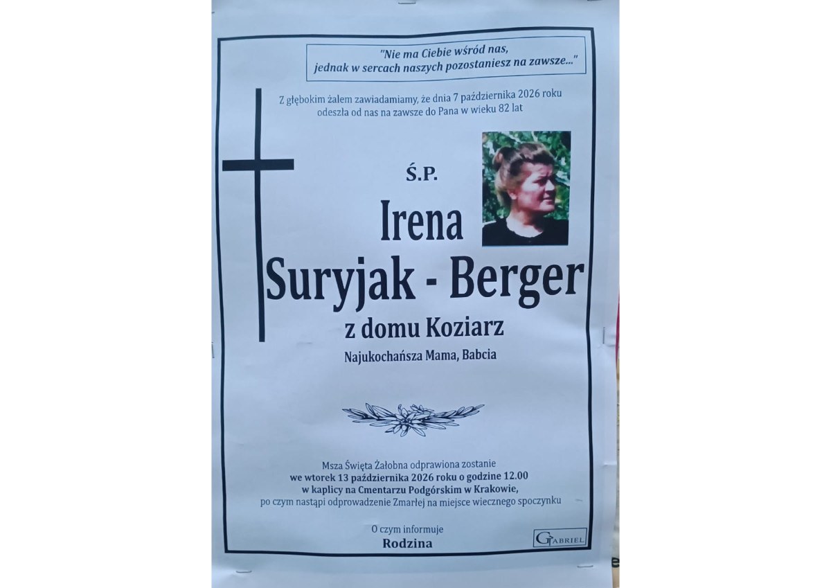 Nekrolog: śp. Irena Suryjak-Berger z domu Koziarz, zm. 7 października 2026 r.