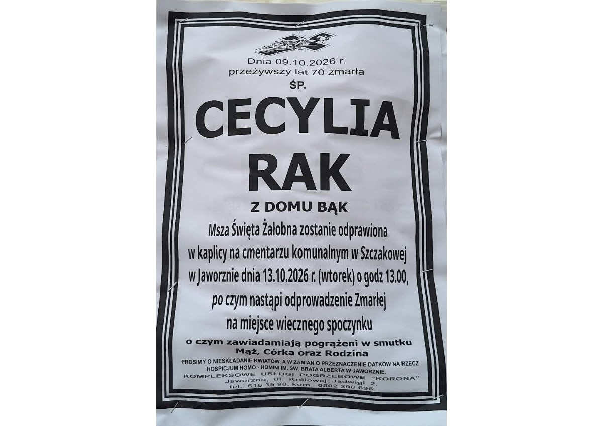 Nekrolog: śp. Cecylia Rak z domu Bąk, zm. 9 października 2026 r.