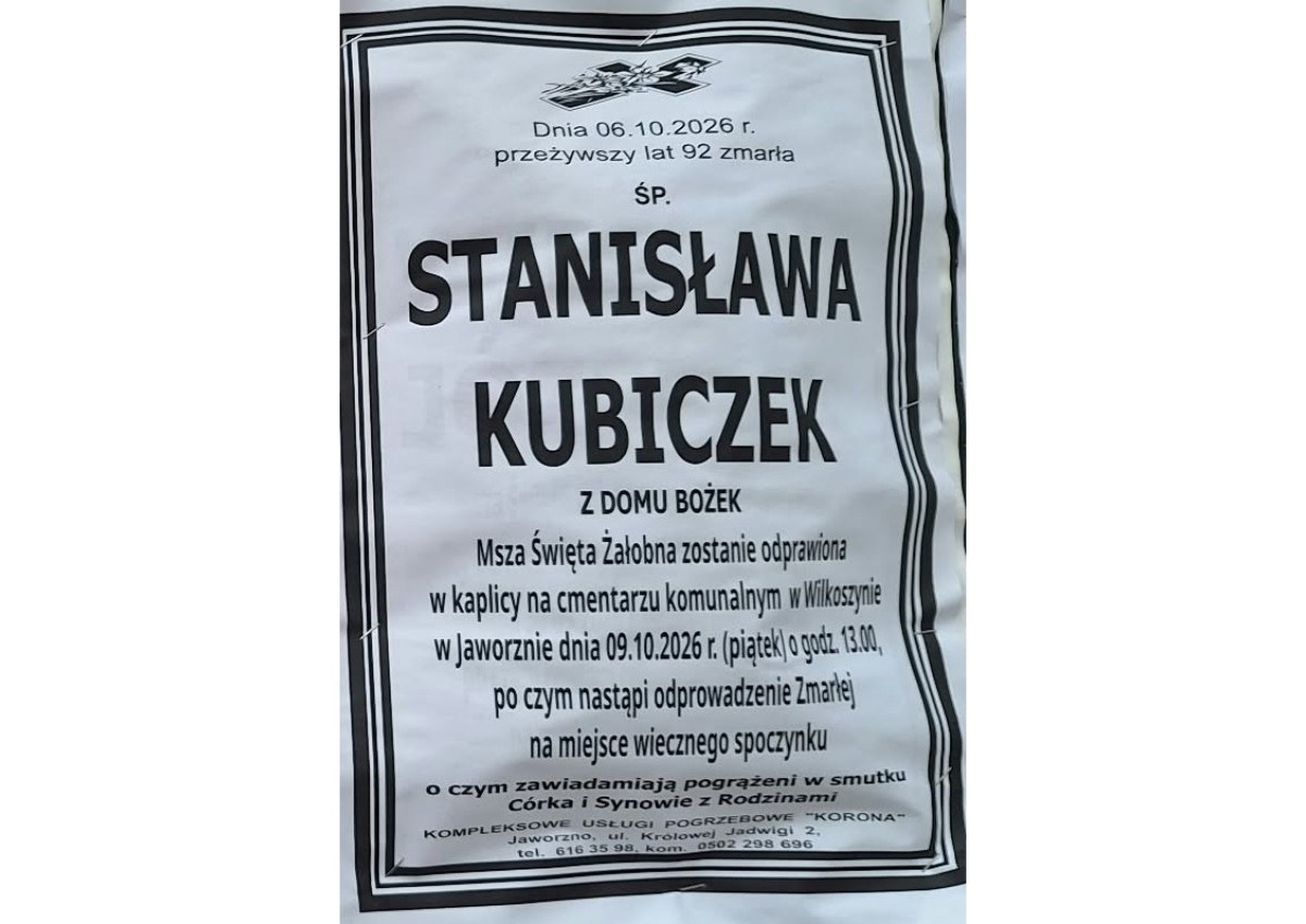 Nekrolog: śp. Stanisława Kubiczek z domu Bożek, zm. 6 października 2026 r.