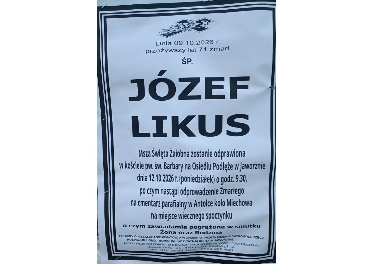 Nekrolog: śp. Józef Likus, zm. 9 października 2026 r.