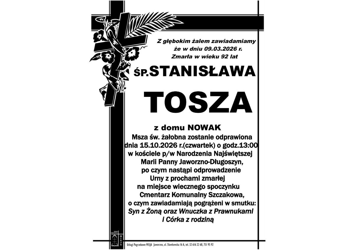 Nekrolog: śp. Stanisława Tosza, zm. 9 marca 2026 r.