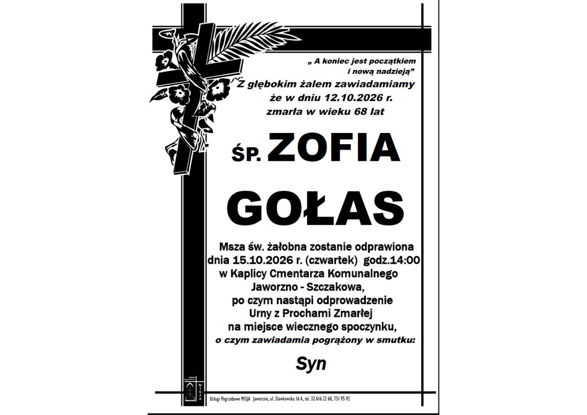 Nekrolog: śp. Zofia Gołas, zm. 12 października 2026 r.