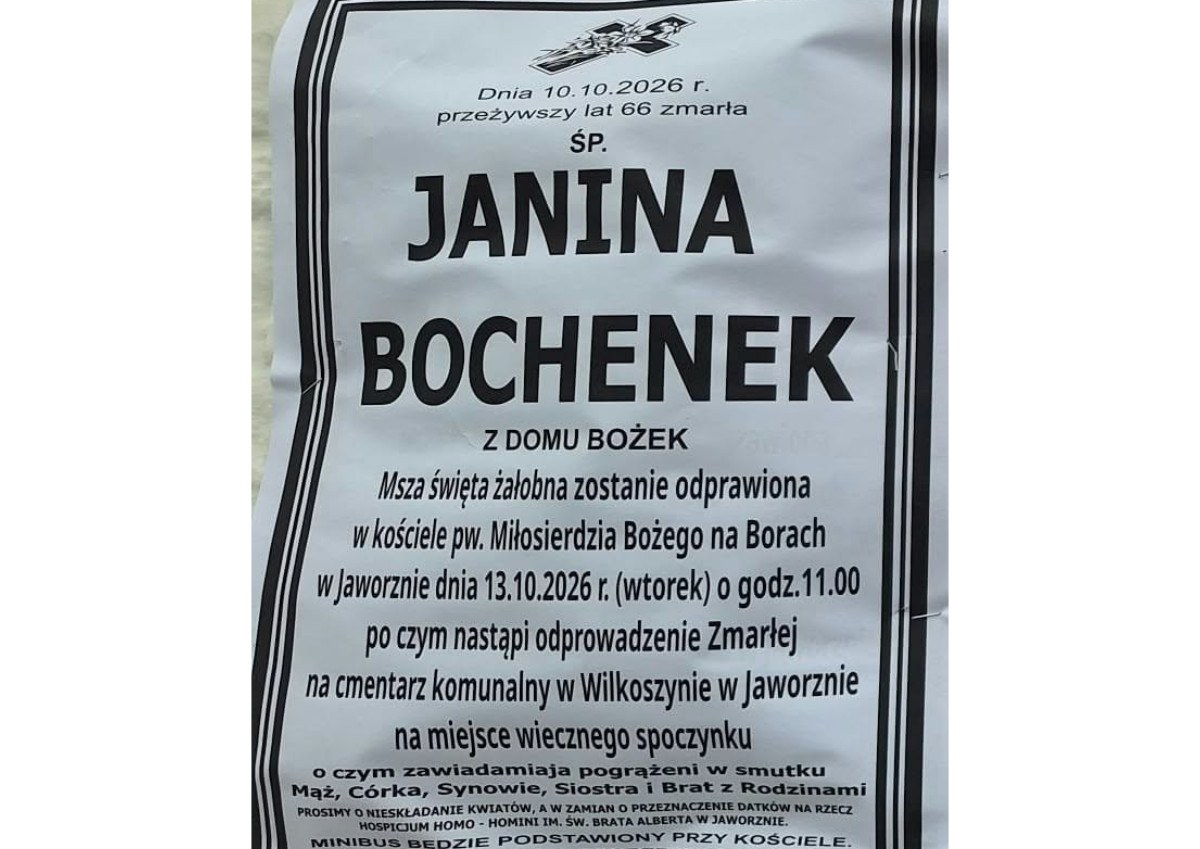 Nekrolog: śp. Janina Bochenek z domu Bożek, zm. 10 października 2026 r.
