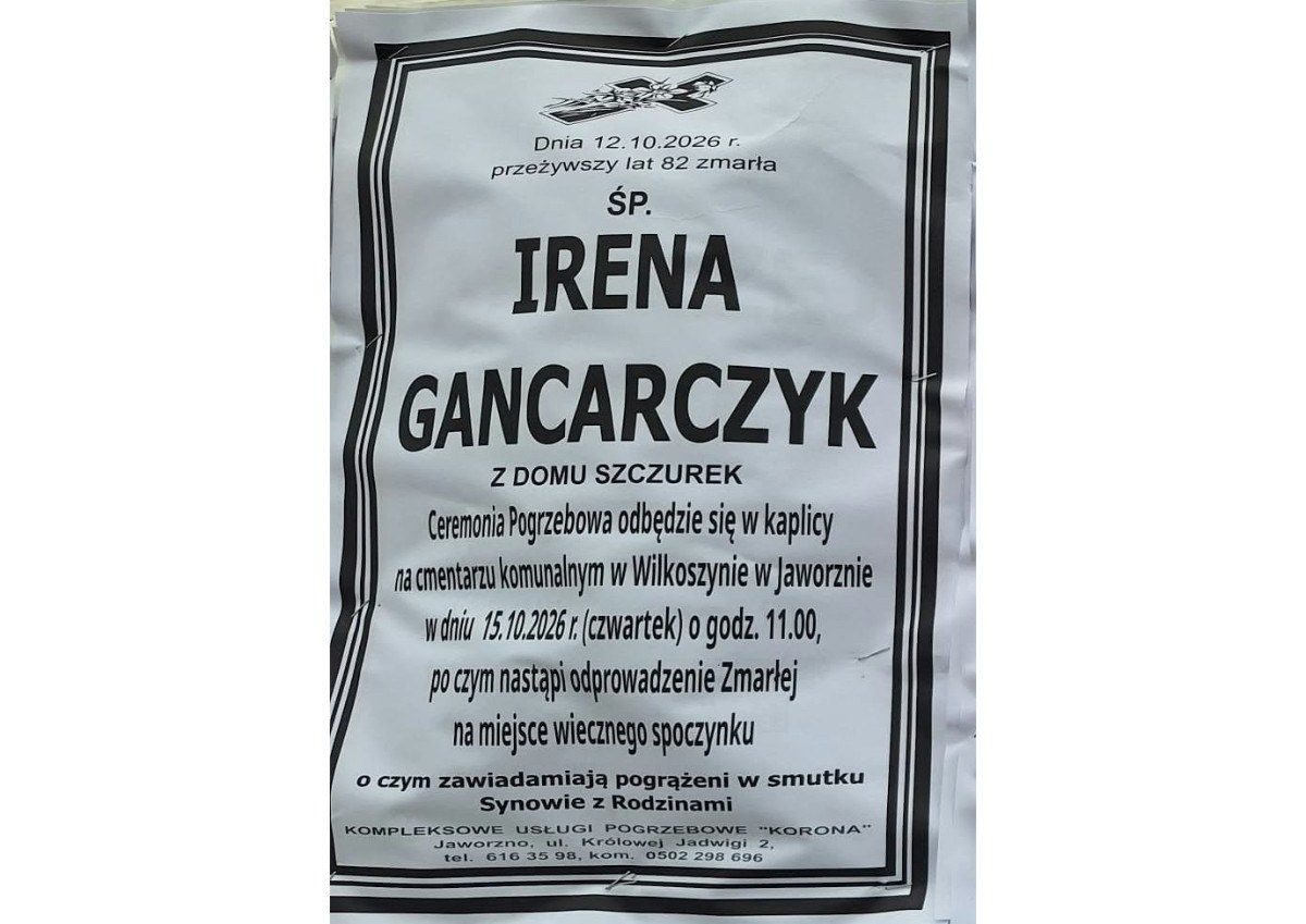Nekrolog: śp. Irena Gancarczyk z domu Szczurek, zm. 12 października 2026 r.