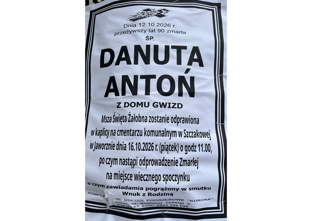 Nekrolog: śp. Danuta Antoń z domu Gwizd, zm. 12 października 2026 r.