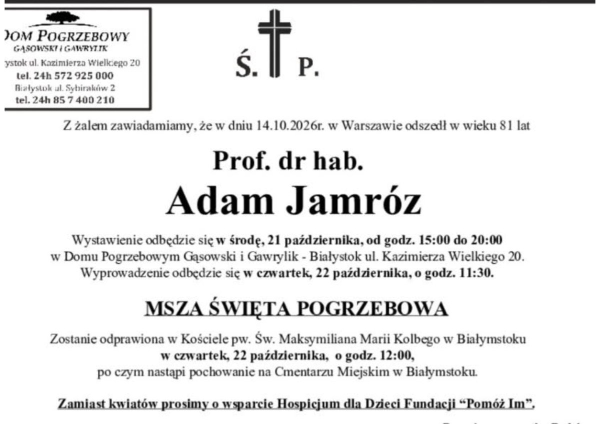 Nekrolog: śp. Adam Jamróz, zm. 14 października 2026 r.