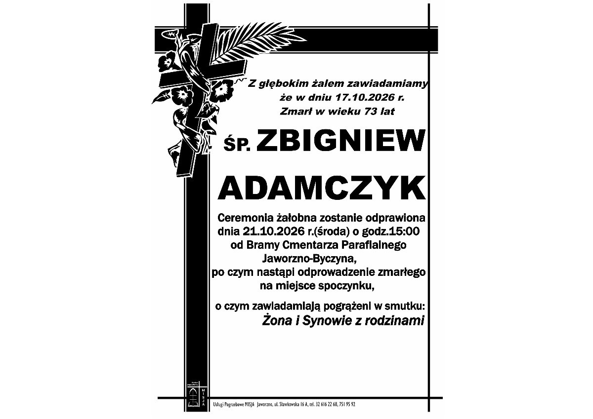 Nekrolog: śp. Zbigniew Adamczyk, zm. 17 października 2026 r.