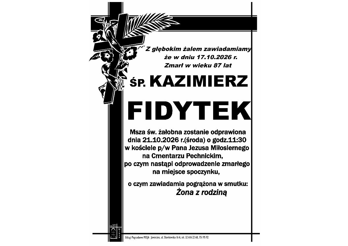 Nekrolog: śp. Kazimierz Fidytek, zm. 17 października 2026 r.