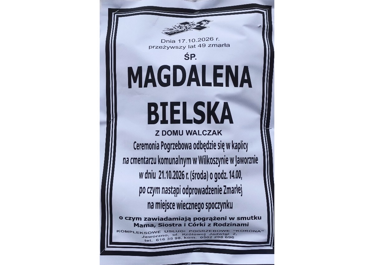 Nekrolog: śp. Magdalena Bielska z domu Walczak, zm. 17 października 2026 r.