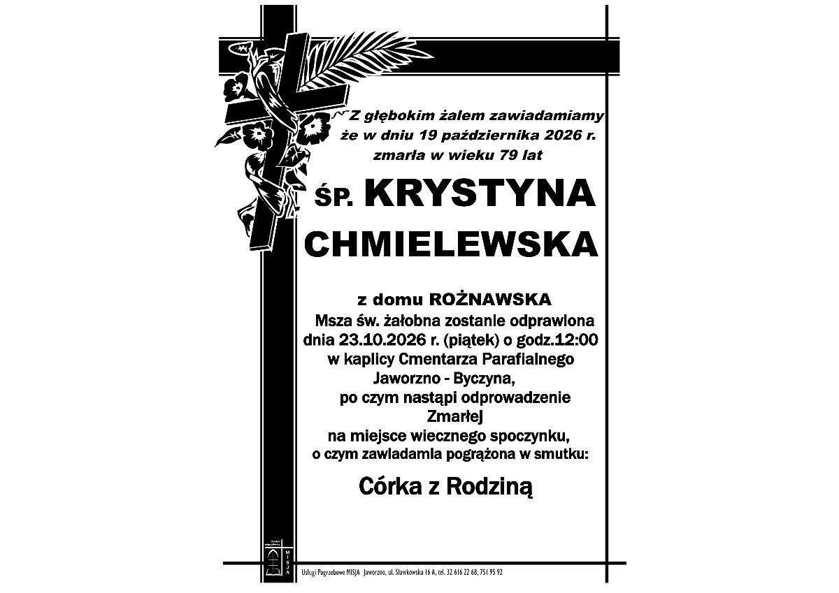 Nekrolog: śp. Krystyna Chmielewska z domu Rożnowska, zm. 19 października 2026 r.