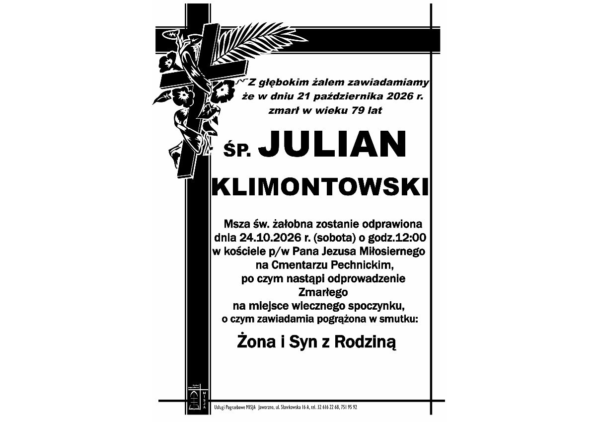 Nekrolog: śp. Julian Klimontowski, zm. 21 października 2026 r.