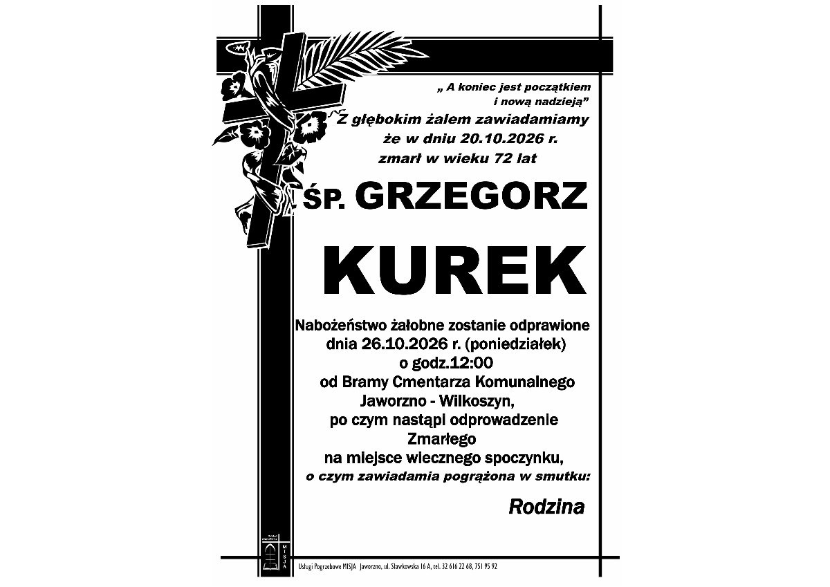 Nekrolog: śp. Grzegorz Kurek, zm. 20 października 2026 r.