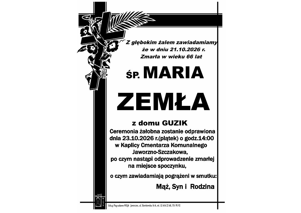Nekrolog: śp. Maria Zemła z domu Guzik, zm. 21 października 2026 r.