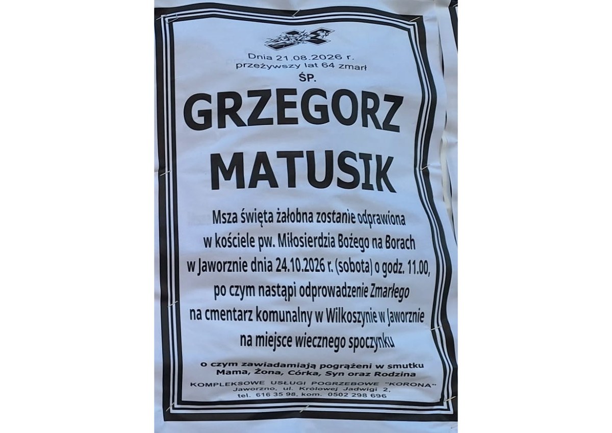 Nekrolog: śp. Grzegorz Matusik, zm. 21 sierpnia 2026 r.