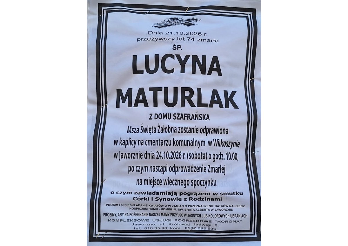 Nekrolog: śp. Lucyna Maturalak z domu Szafrańska, zm. 21 października 2026 r.