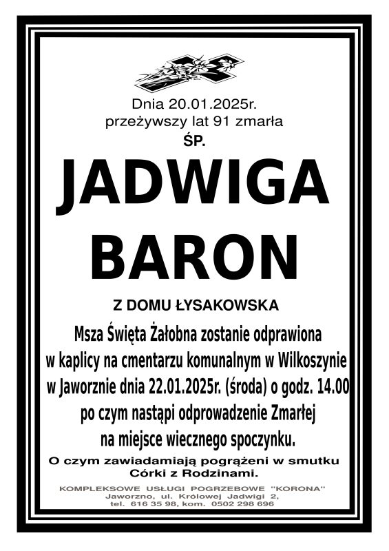 JADWIGA BARON Z DOMU ŁYSAKOWSKA