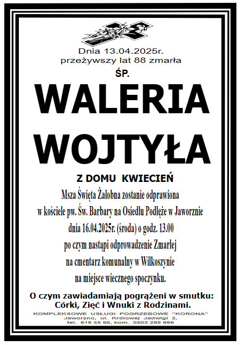 WALERIA WOJTYŁA Z DOMU  KWIECIEŃ