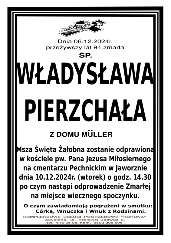WŁADYSŁAWA PIERZCHAŁA Z DOMU MULLER