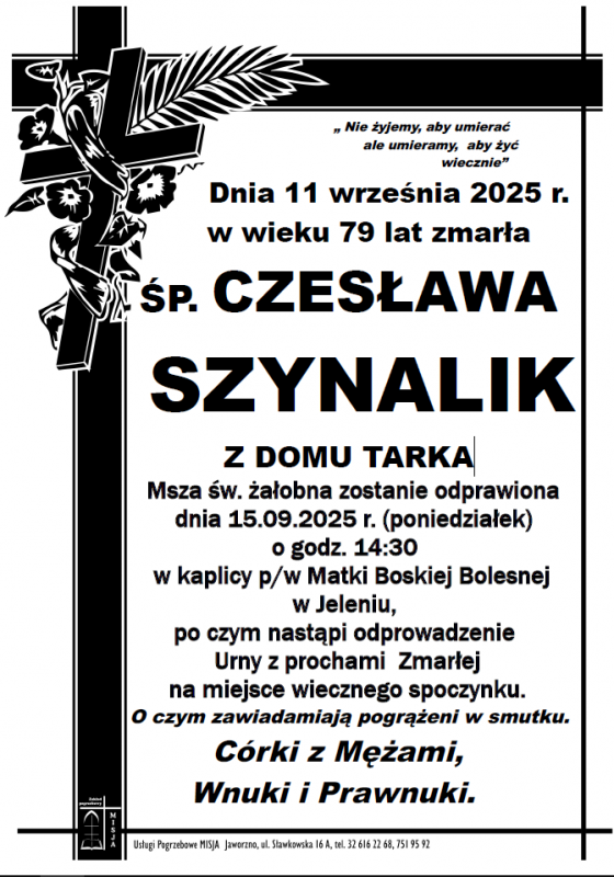 CZESŁAWA SZYNALIK Z DOMU TARKA