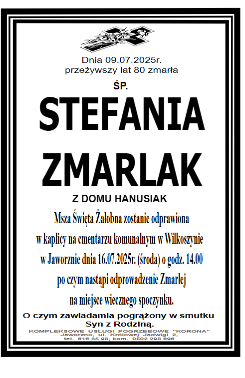 STEFANIA ZMARLAK Z DOMU HANUSIAK