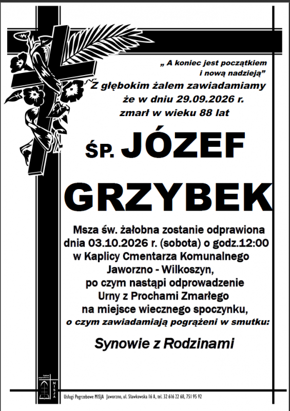 Nekrolog: śp. JÓZEF GRZYBEK, zm. 29 września 2026 r.