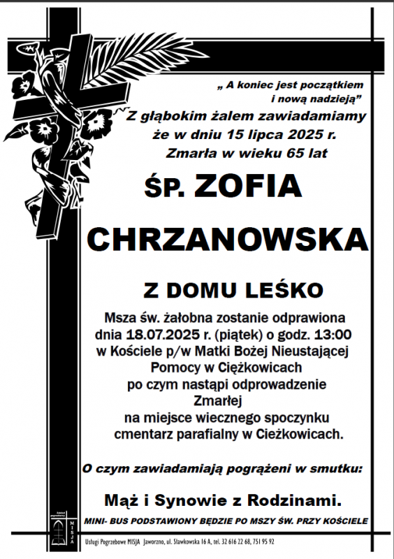 ZOFIA CHRZANOWSKA Z DOMU LEŚKO