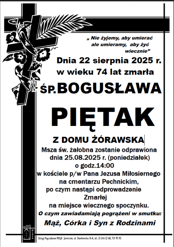 BOGUSŁAWA PIĘTAK Z DOMU ŻÓRAWSKA