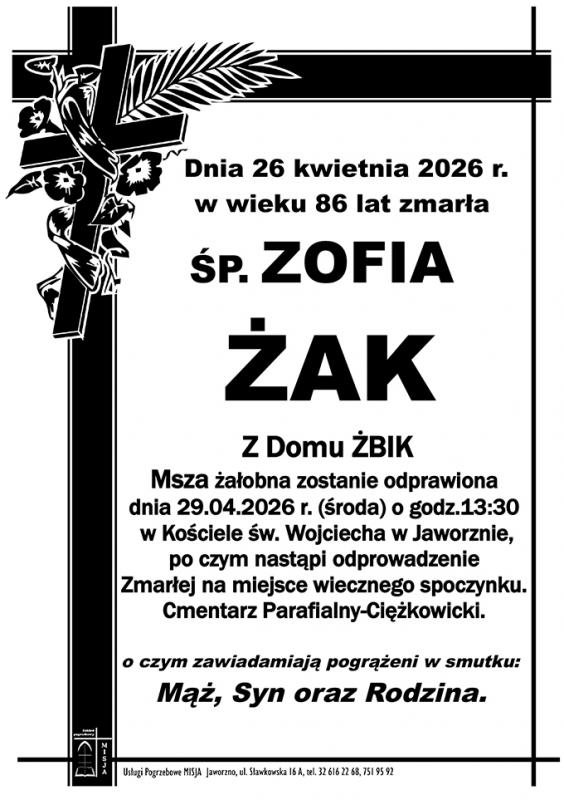 ZOFIA ŻAK Z DOMU ŻBIK