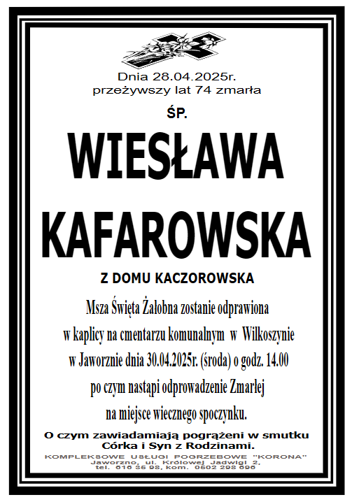 WIESŁAWA KAFAROWSKA Z DOMU KACZOROWSKA